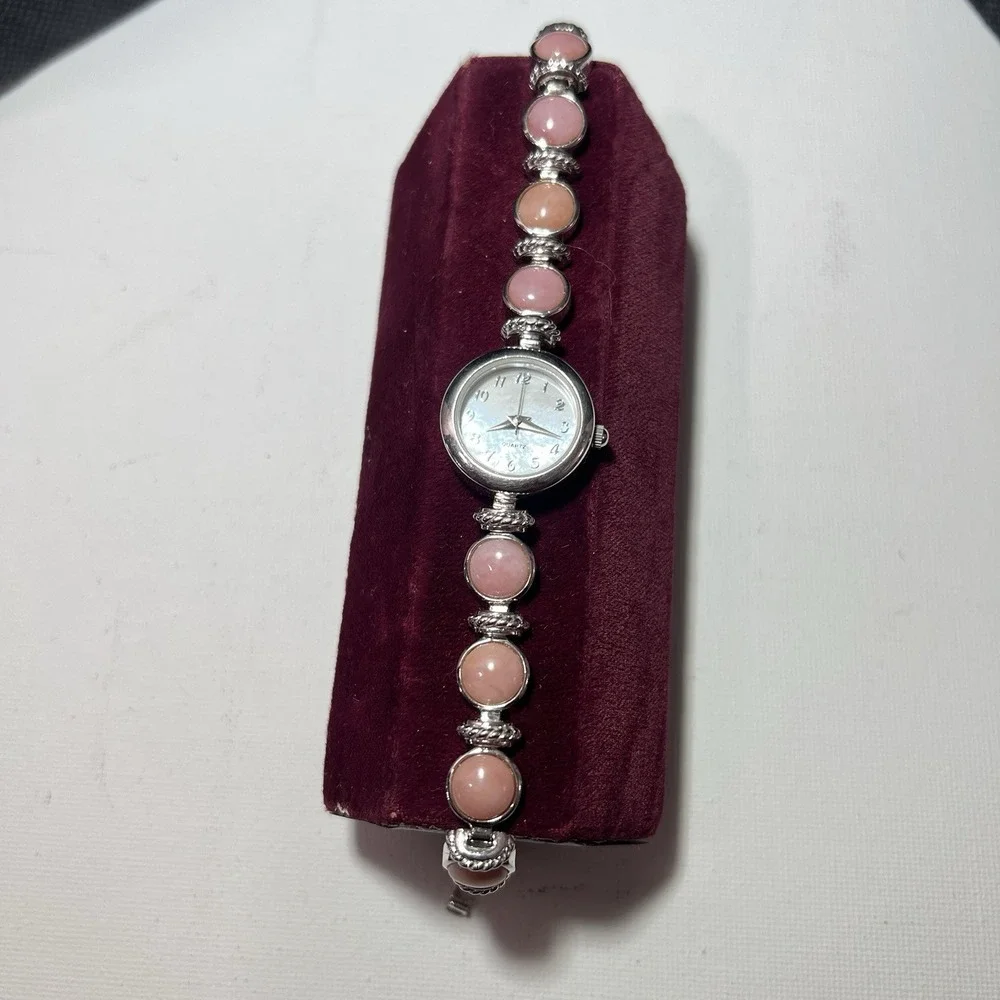 CLASSIC‎ VINTAGE STERLING SILVER CORAL COLOR QUARTZ WATCH 7.25